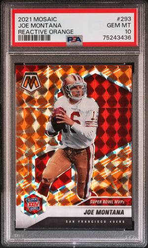 Joe Montana 2021 Panini Mosaic Reactive Orange Football Card #293 Graded PSA 10-Powers Sports Memorabilia
