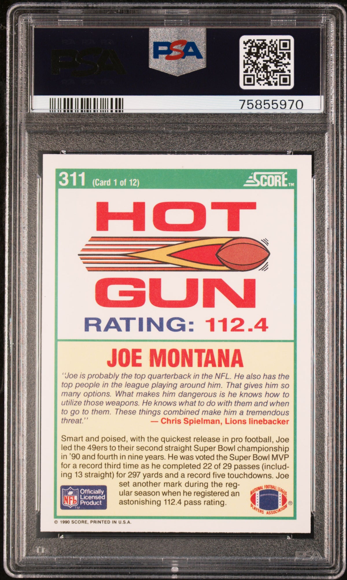 Joe Montana 1990 Score Football Card #311 Graded PSA 10-Powers Sports Memorabilia