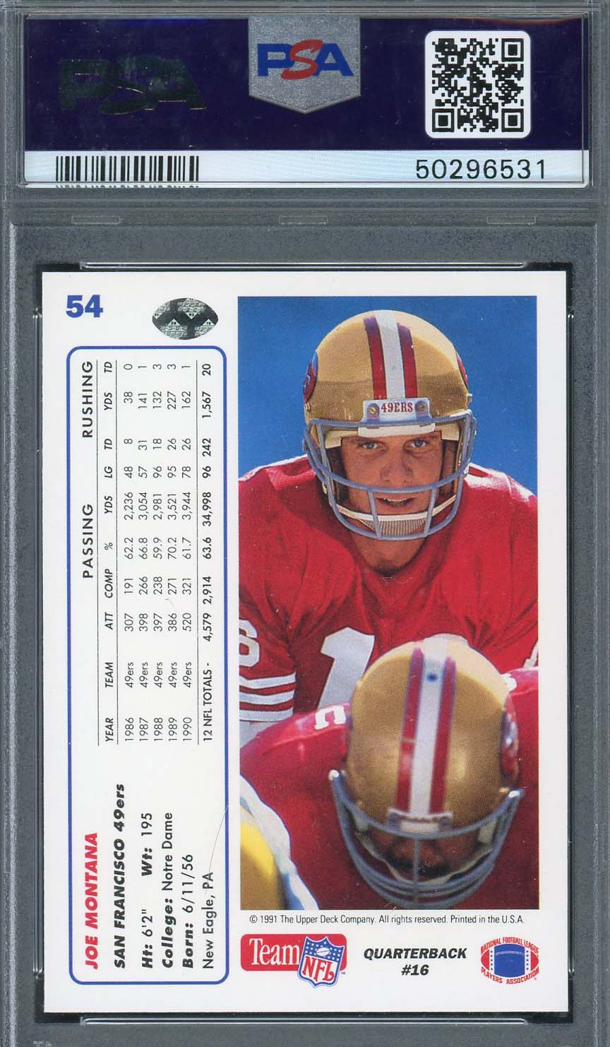 Joe Montana 1991 Upper Deck Football Card #54 Graded PSA 9-Powers Sports Memorabilia