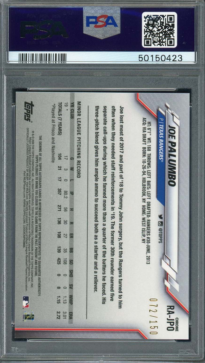 Joe Palumbo 2020 Topps Chrome Rookie Auto Blue Refractor Card #RAJPO PSA 9 /150-Powers Sports Memorabilia