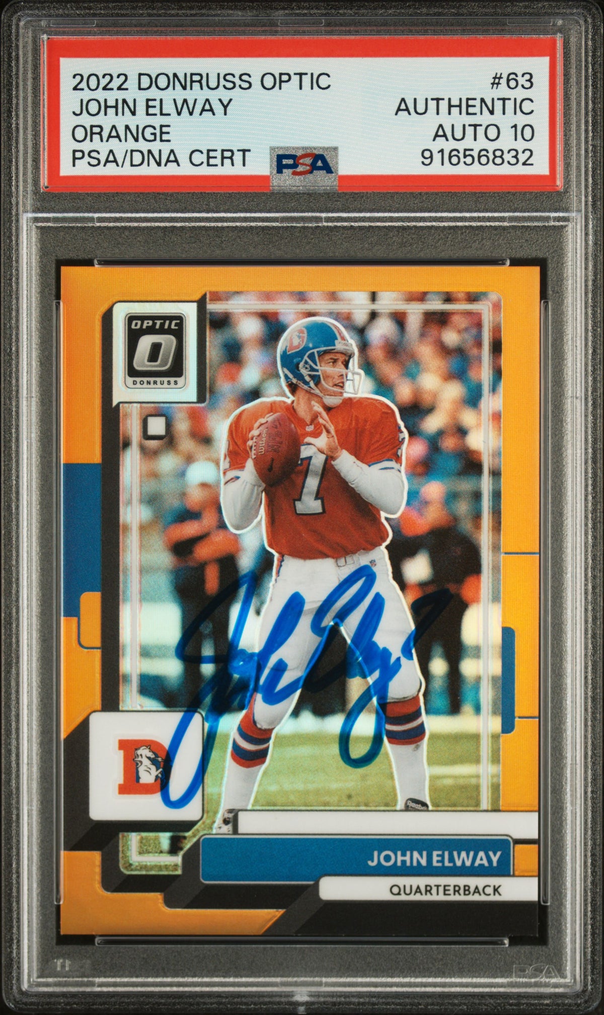 John Elway 2022 Panini Donruss Optic Orange Card #63 Auto Graded PSA 10 74/199-Powers Sports Memorabilia