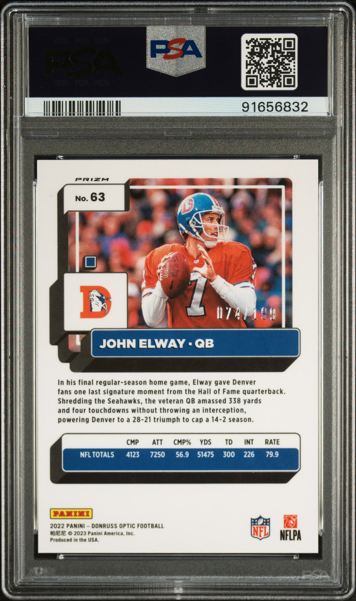 John Elway 2022 Panini Donruss Optic Orange Card #63 Auto Graded PSA 10 74/199-Powers Sports Memorabilia