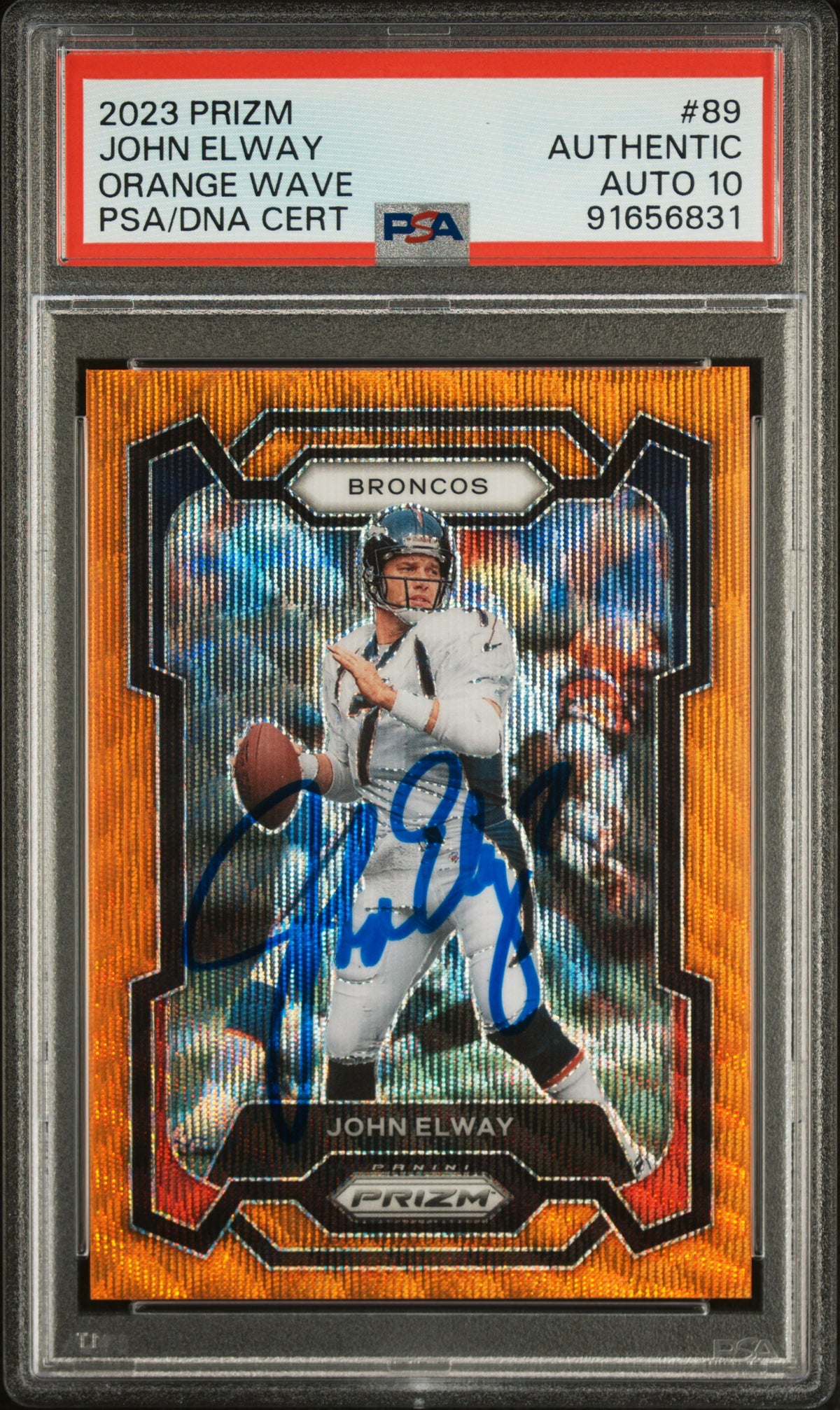 John Elway 2023 Panini Prizm Orange Wave Card 89 Auto Graded PSA 10 3