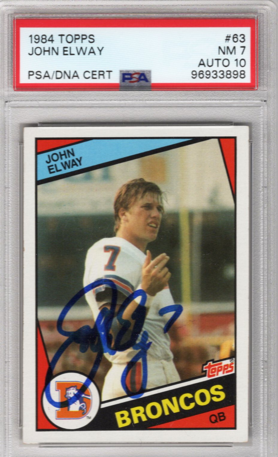 John Elway Signed Denver Broncos 1984 Topps Rookie Card PSA NM 7 AUTO 10-Powers Sports Memorabilia