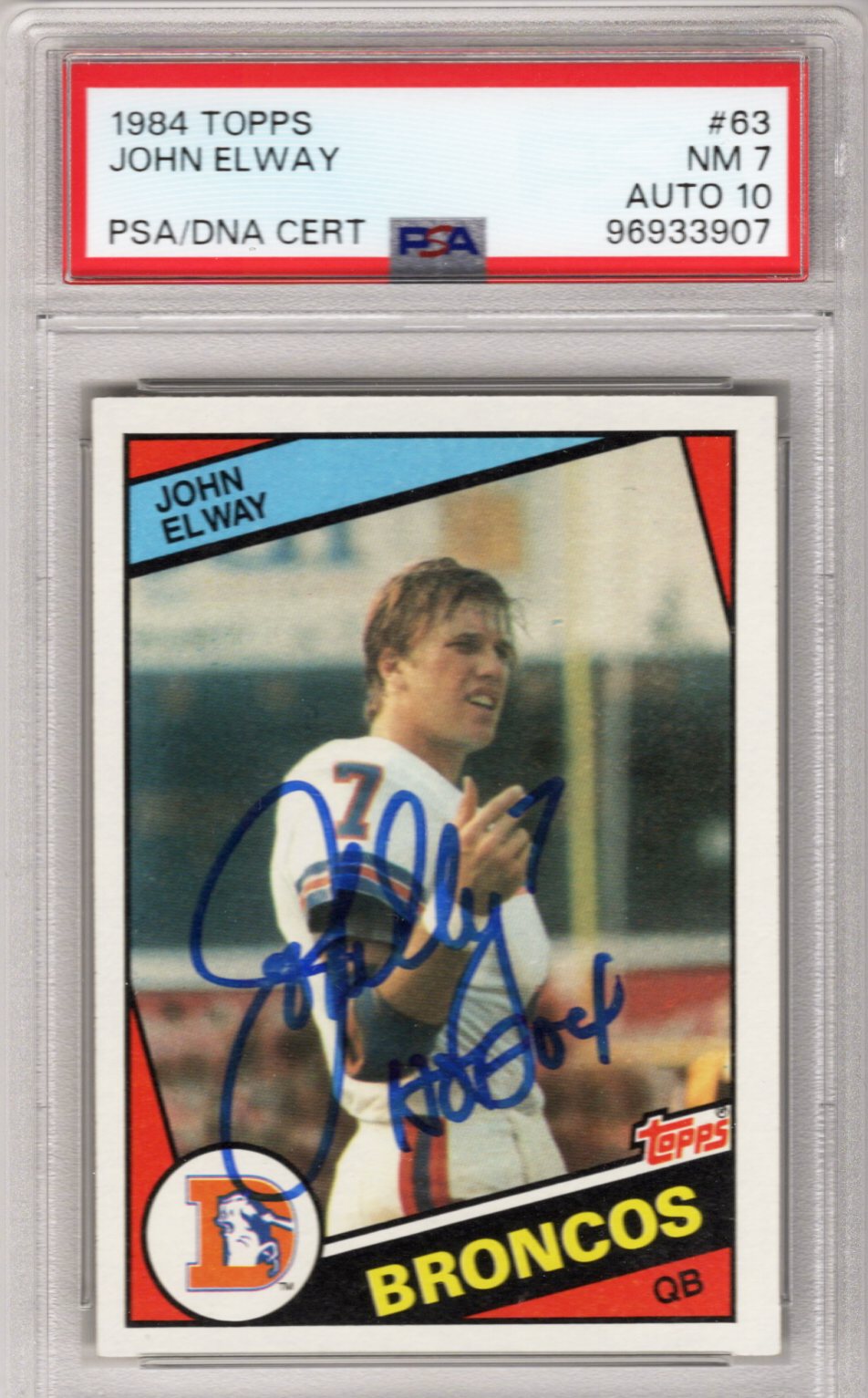 John Elway Signed Denver Broncos 1984 Topps Rookie Card HOF 04 PSA NM 7 AUTO 10-Powers Sports Memorabilia