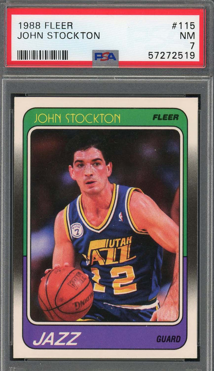 John Stockton 1988 Fleer Basketball Rookie Card RC #115 Graded PSA 7-Powers Sports Memorabilia
