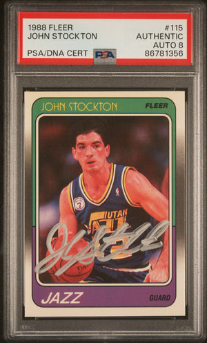 John Stockton 1988 Fleer Signed Basketball Rookie Card #115 Auto PSA 8 86781356-Powers Sports Memorabilia