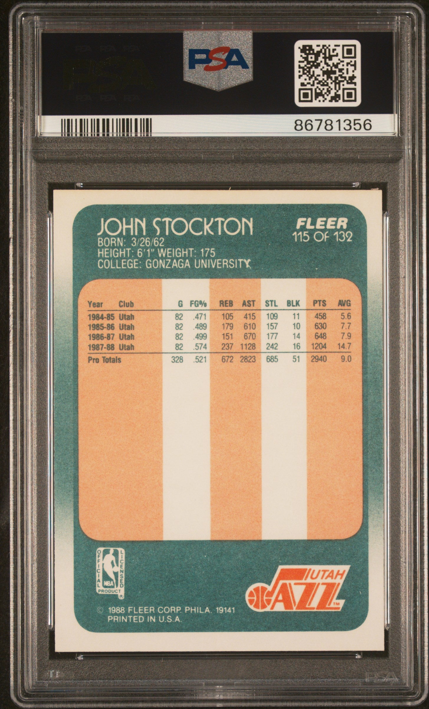 John Stockton 1988 Fleer Signed Basketball Rookie Card #115 Auto PSA 8 86781356