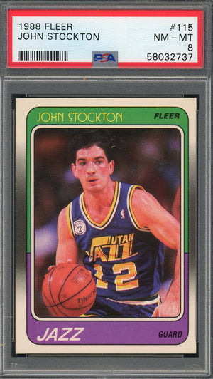 John Stockton 1988 Fleer Basketball Rookie Card RC #115 Graded PSA 8-Powers Sports Memorabilia