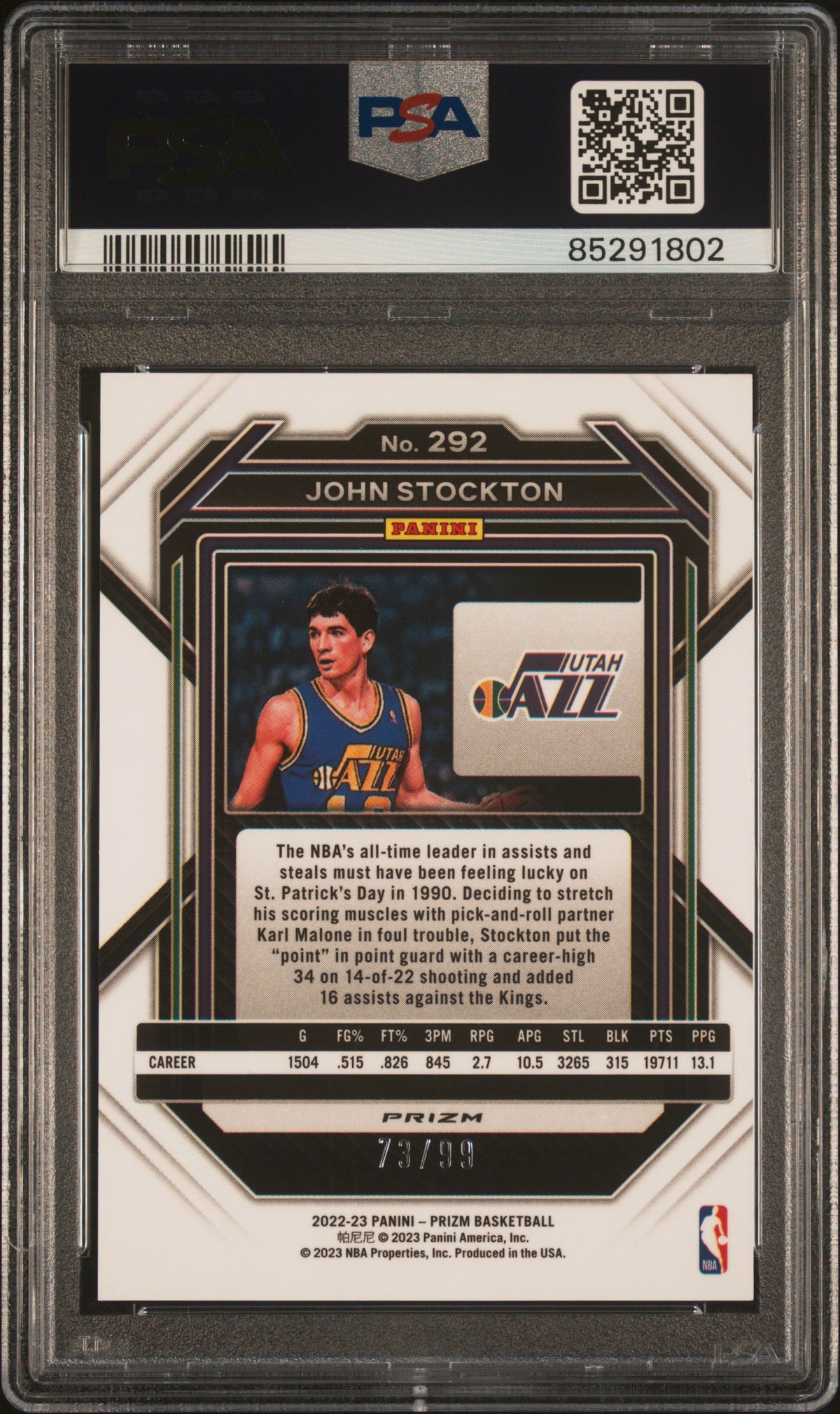John Stockton 2022 Panini Prizm Purple Basketball Card #292 Graded PSA 10 73/99-Powers Sports Memorabilia