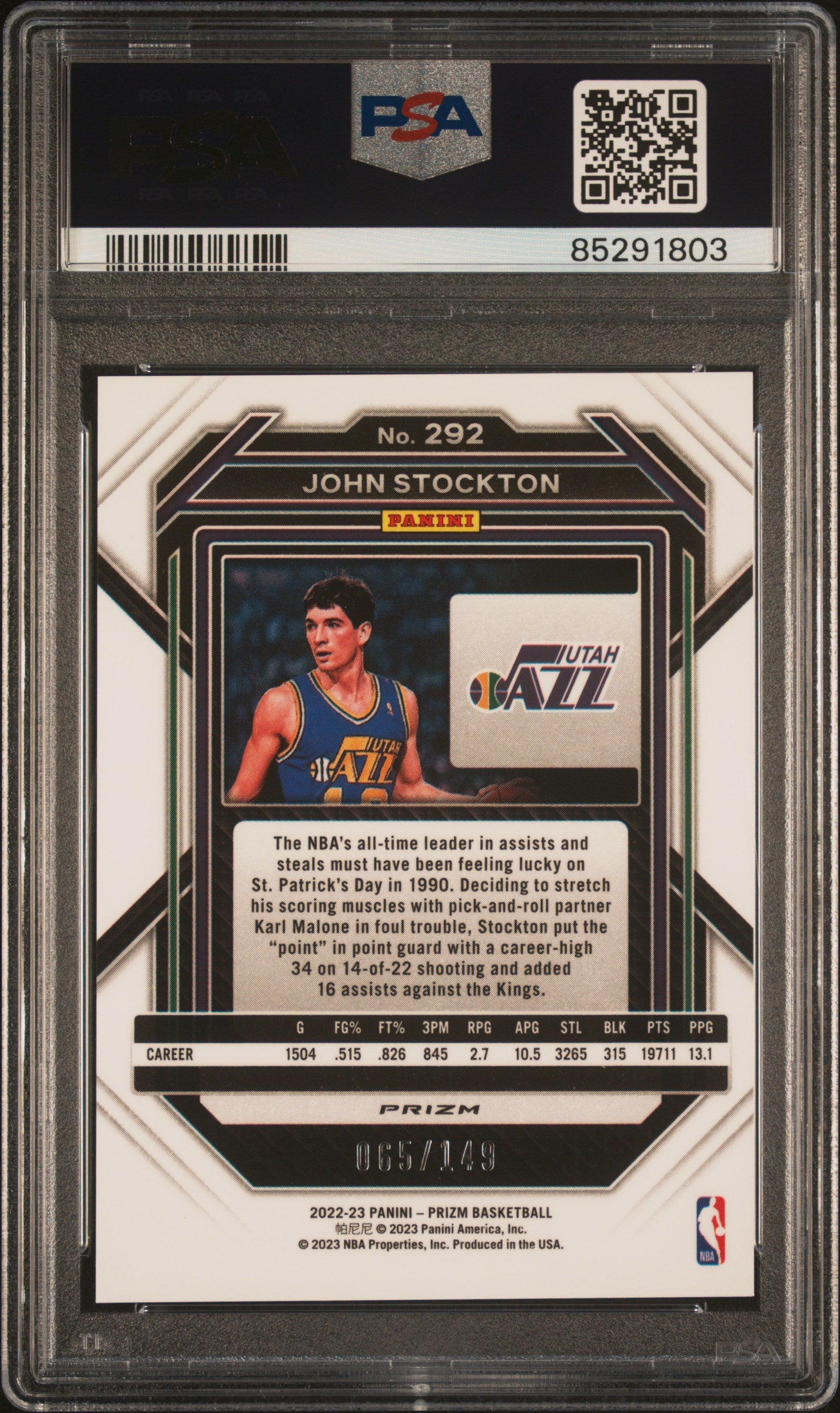 John Stockton 2022 Panini Prizm Purple Ice Basketball Card #292 PSA 9 65/149-Powers Sports Memorabilia