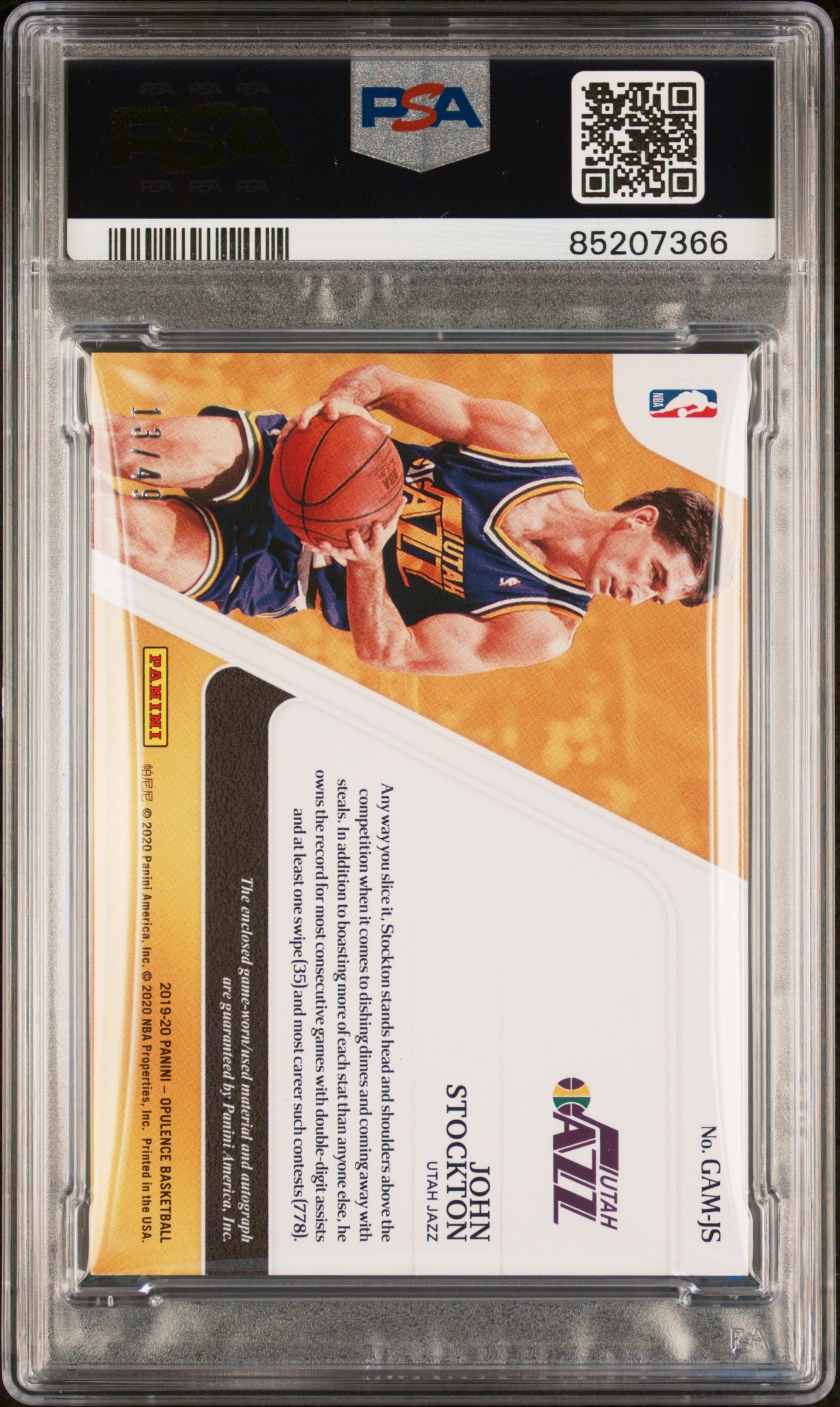 John Stockton 2019 Panini Opulence Game Used Card Auto Graded PSA 10 13/49