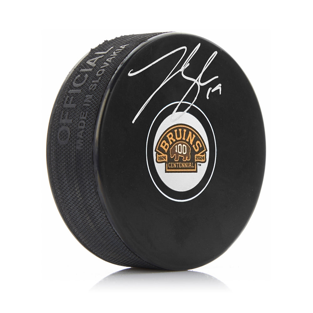 Johnny Beecher Signed Boston Bruins 100th Anniversary Hockey Logo Puck-Powers Sports Memorabilia