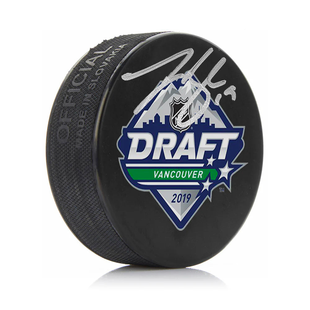 Johnny Beecher Signed Boston Bruins 2019 Draft Hockey Logo Puck - Silver Signature