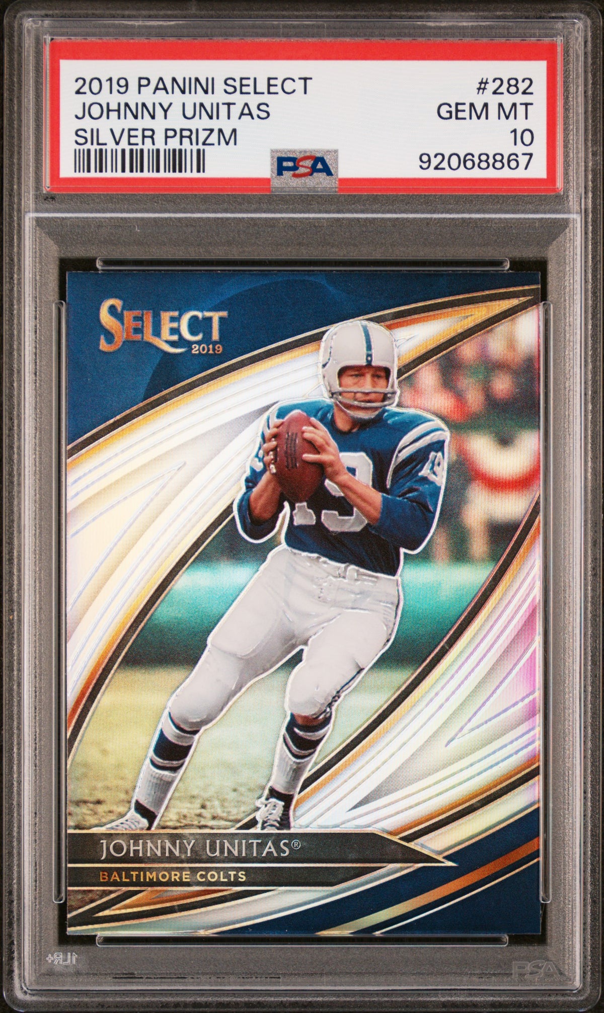 Johnny Unitas 2019 Panini Select Silver Prizm Football Card #282 Graded PSA 10-Powers Sports Memorabilia