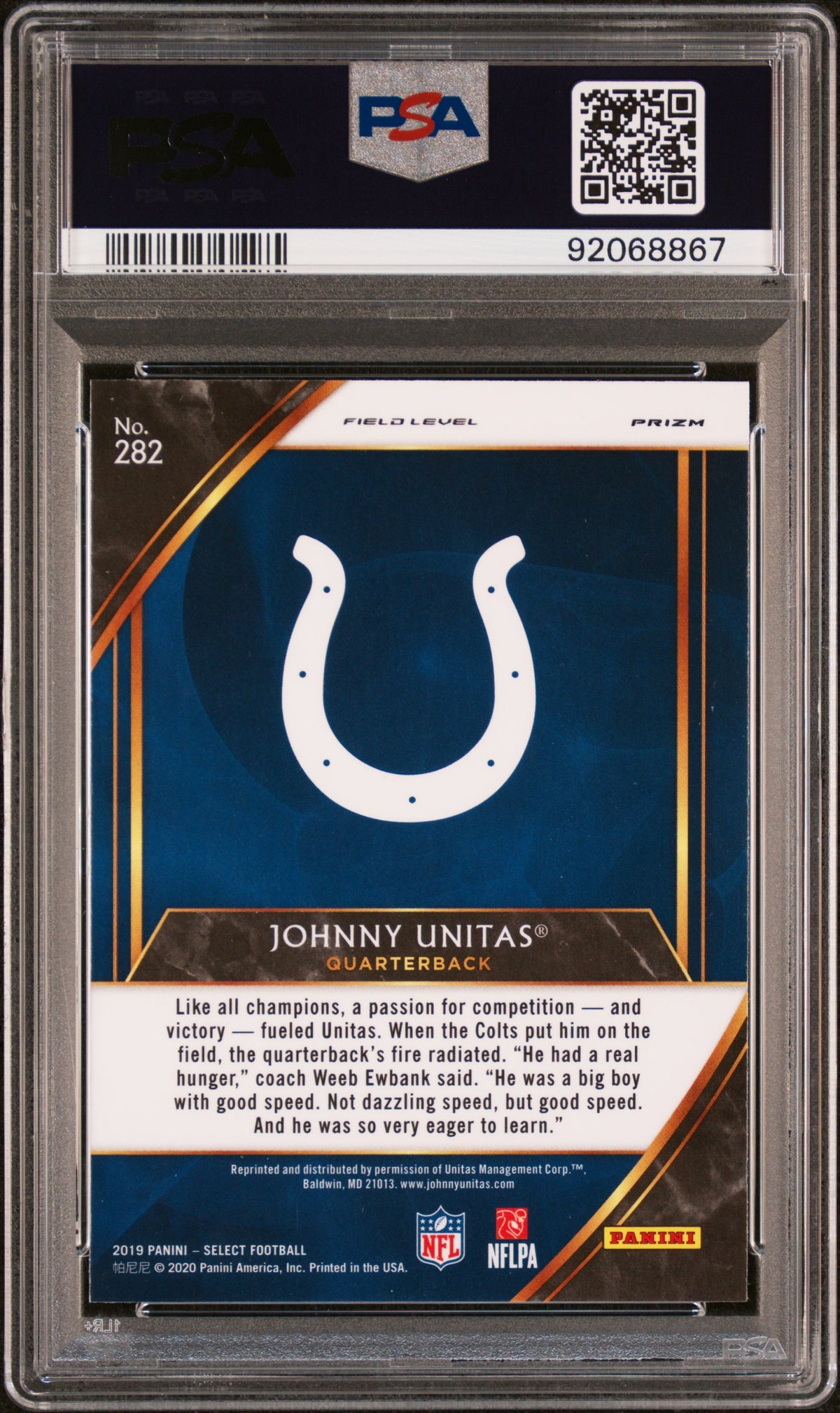 Johnny Unitas 2019 Panini Select Silver Prizm Football Card #282 Graded PSA 10-Powers Sports Memorabilia