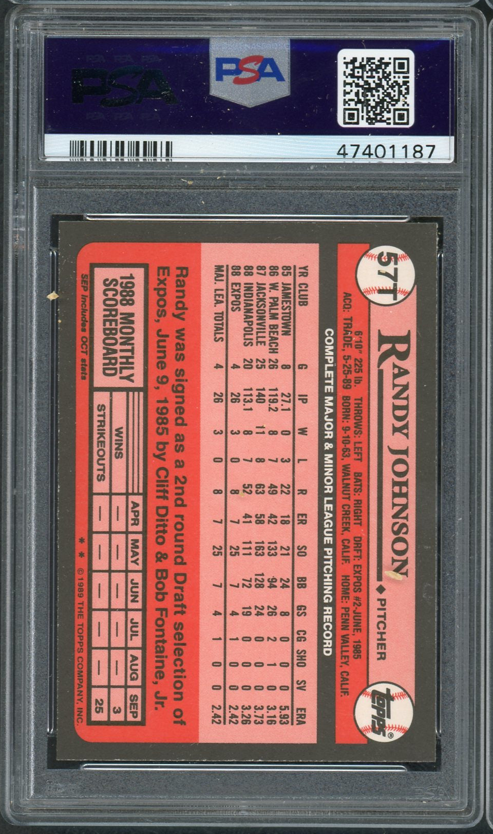 Randy Johnson 1989 Topps Traded Baseball Rookie Card RC #57T Graded PSA 10 GEM MINT-Powers Sports Memorabilia