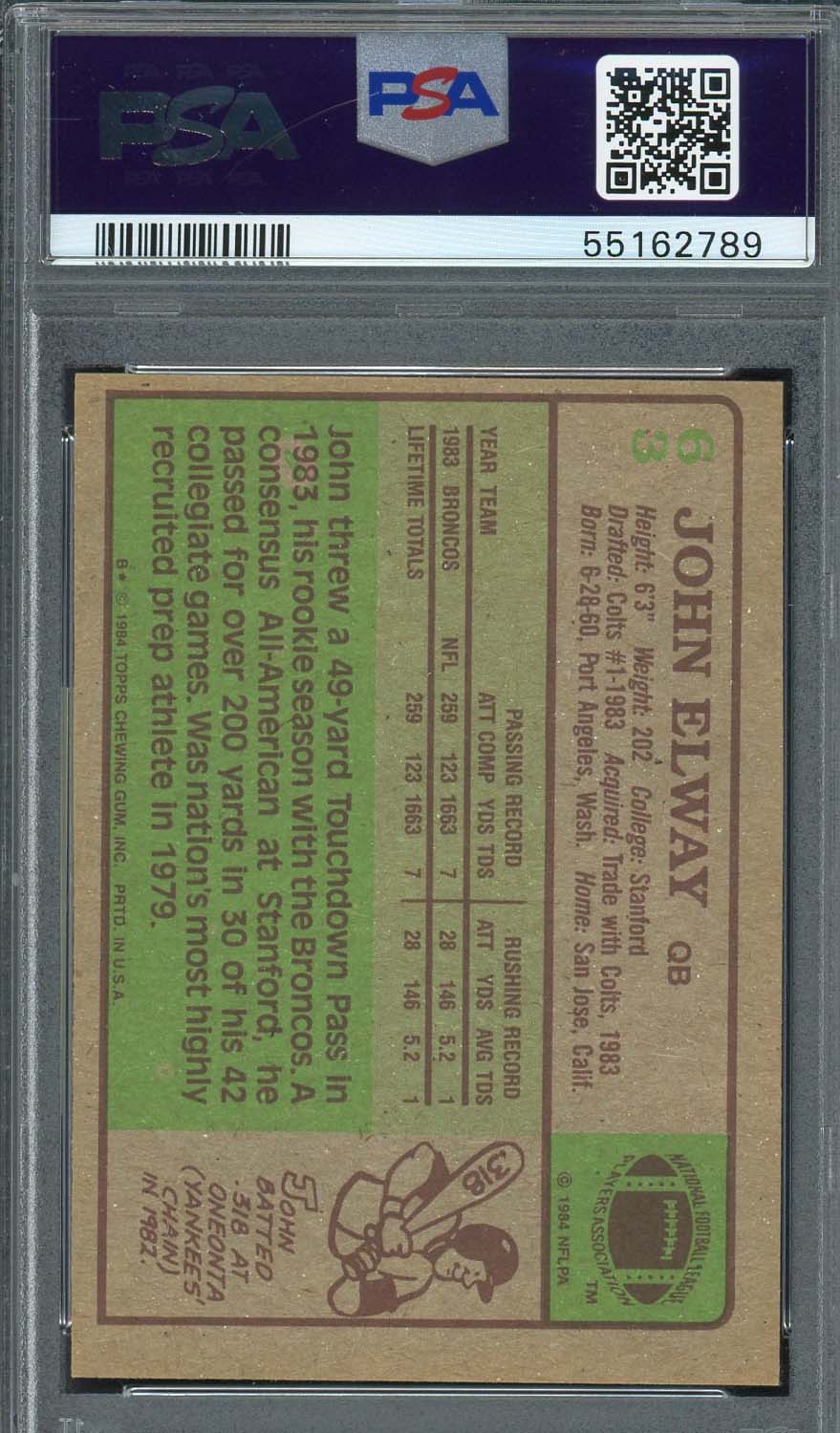 John Elway 1984 Topps Football Rookie Card #63 Graded PSA 6-Powers Sports Memorabilia