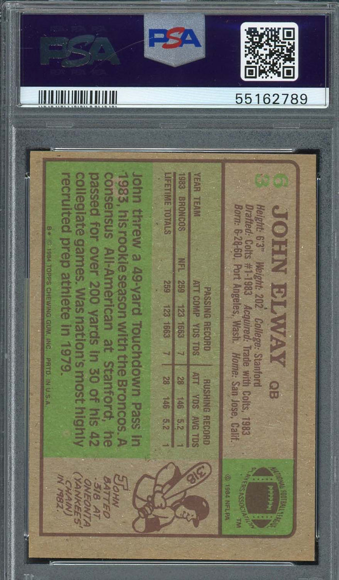 John Elway 1984 Topps Football Rookie Card #63 Graded PSA 6-Powers Sports Memorabilia