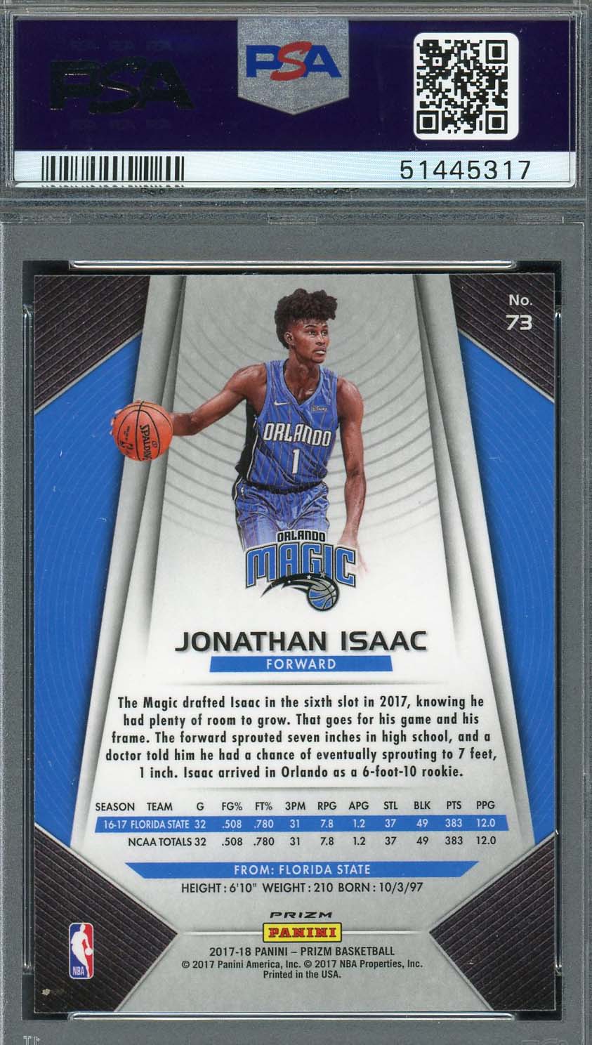 Jonathan Isaac 2017 Panini Prizm Green Basketball Rookie Card #73 PSA 9-Powers Sports Memorabilia