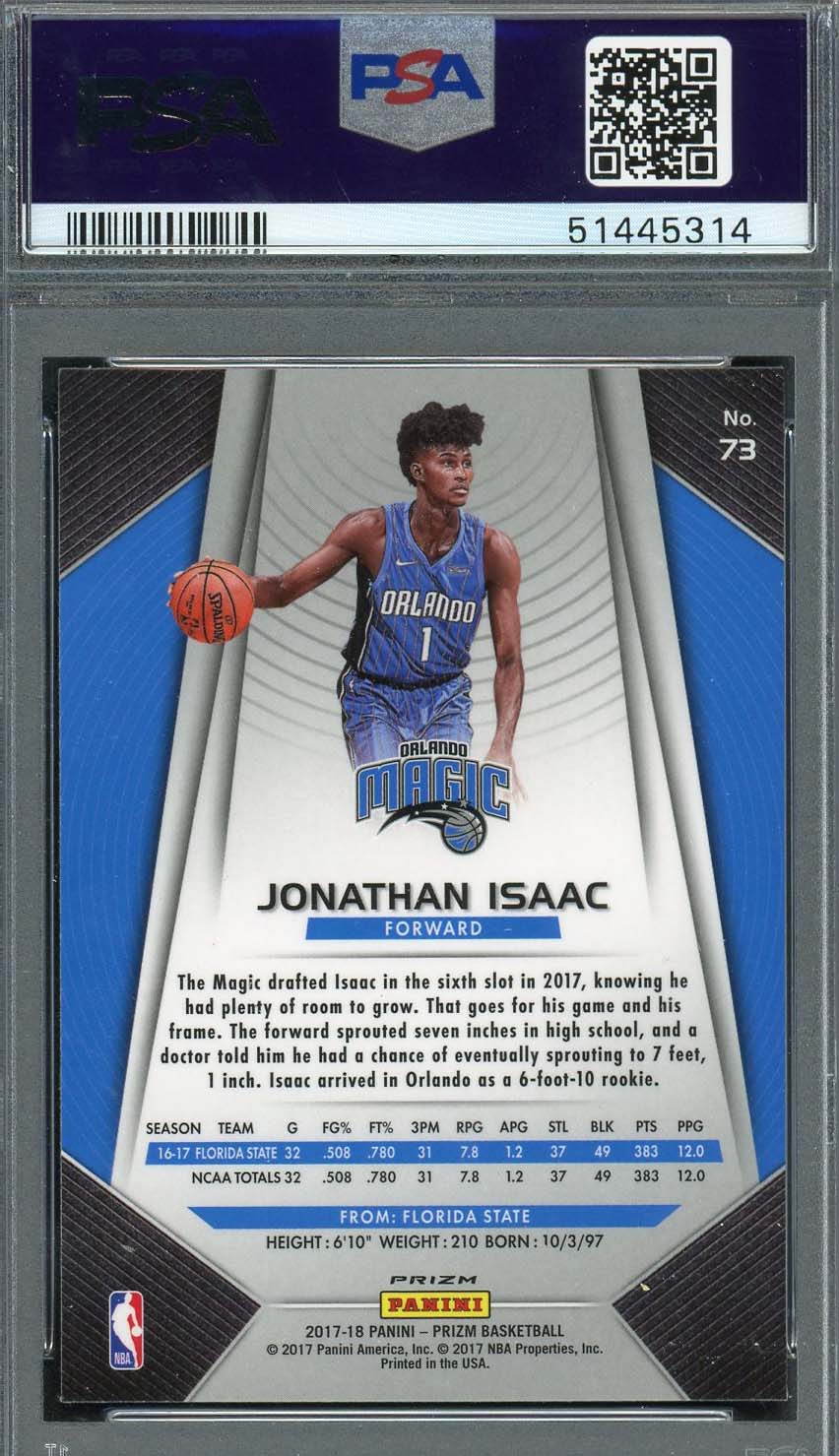 Jonathan Isaac 2017 Panini Prizm Silver Basketball Rookie Card #73 PSA 9-Powers Sports Memorabilia