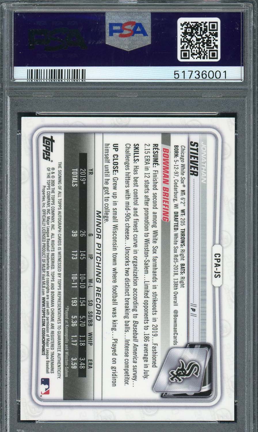 Jonathan Stiever 2020 Bowman Chrome Prospect Auto Rookie Card #CPAJS PSA 9-Powers Sports Memorabilia