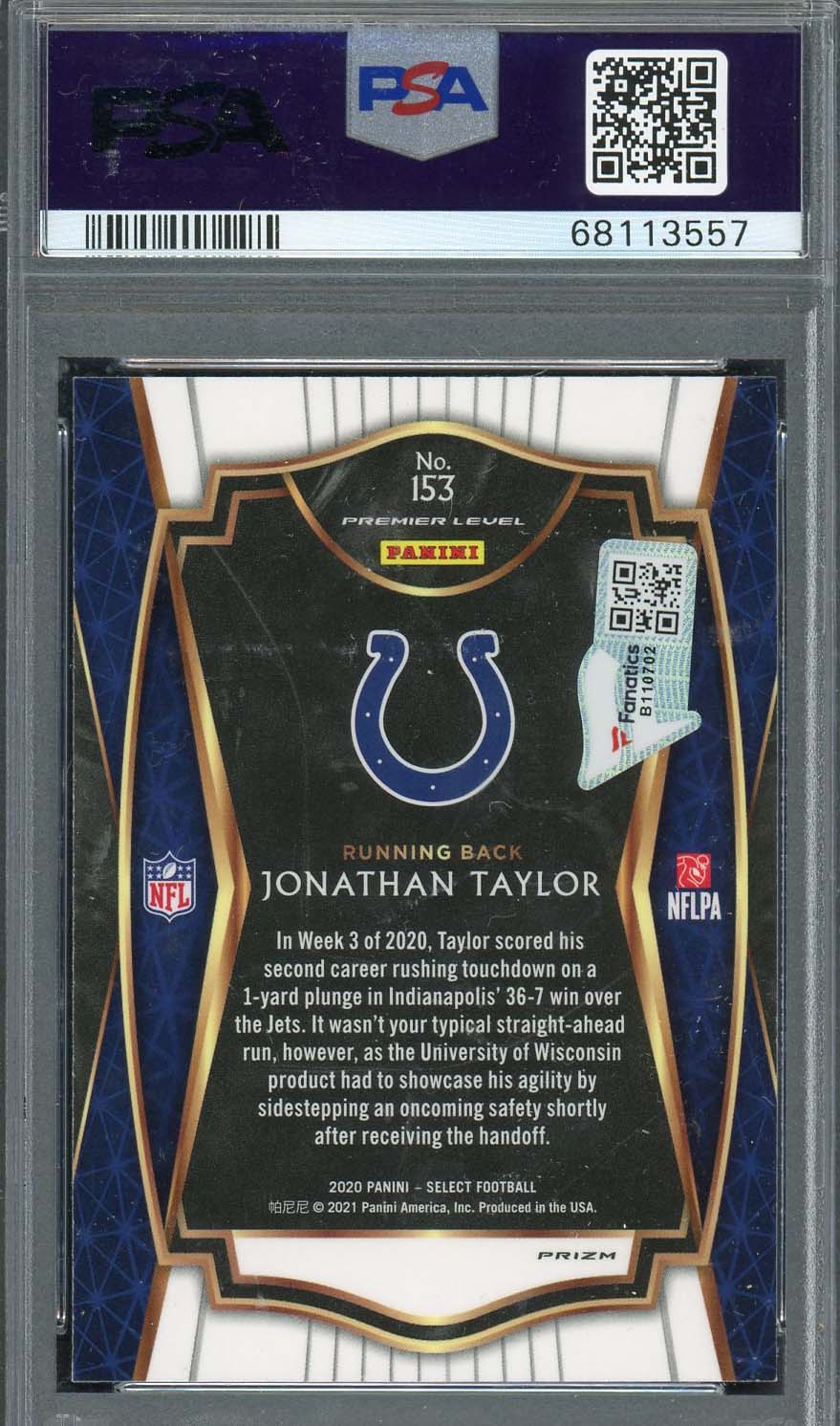 Jonathan Taylor 2020 Panini Select Silver Prizm Rookie Card #153 Auto PSA 10 C-Powers Sports Memorabilia