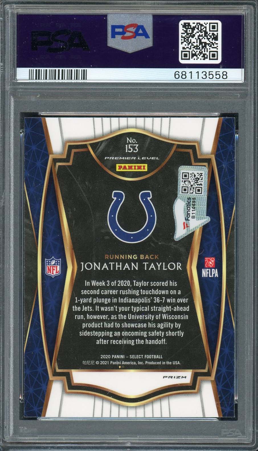 Jonathan Taylor 2020 Panini Select Silver Prizm Rookie Card #153 Auto PSA 10 B-Powers Sports Memorabilia