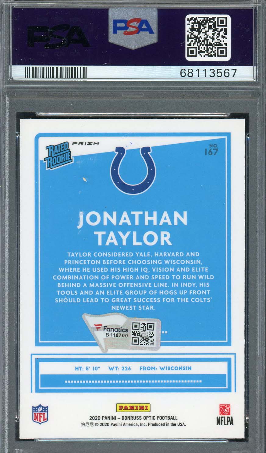 Jonathan Taylor 2020 Panini Optic Blue Hyper Rookie Card #167 Auto PSA 10 C-Powers Sports Memorabilia