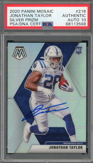 Jonathan Taylor 2020 Panini Mosaic Silver Prizm Rookie Card #216 Auto PSA 10-Powers Sports Memorabilia