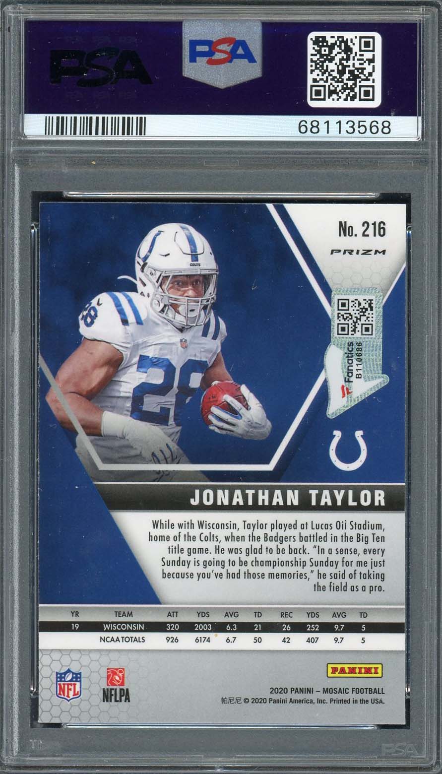 Jonathan Taylor 2020 Panini Mosaic Silver Prizm Rookie Card #216 Auto PSA 10-Powers Sports Memorabilia