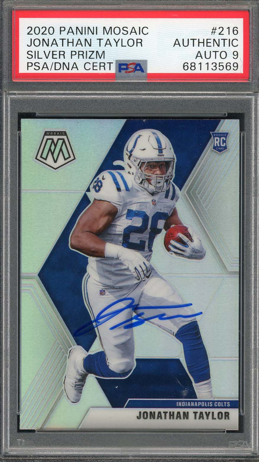 Jonathan Taylor 2020 Panini Mosaic Silver Prizm Rookie Card #216 Auto PSA 9-Powers Sports Memorabilia