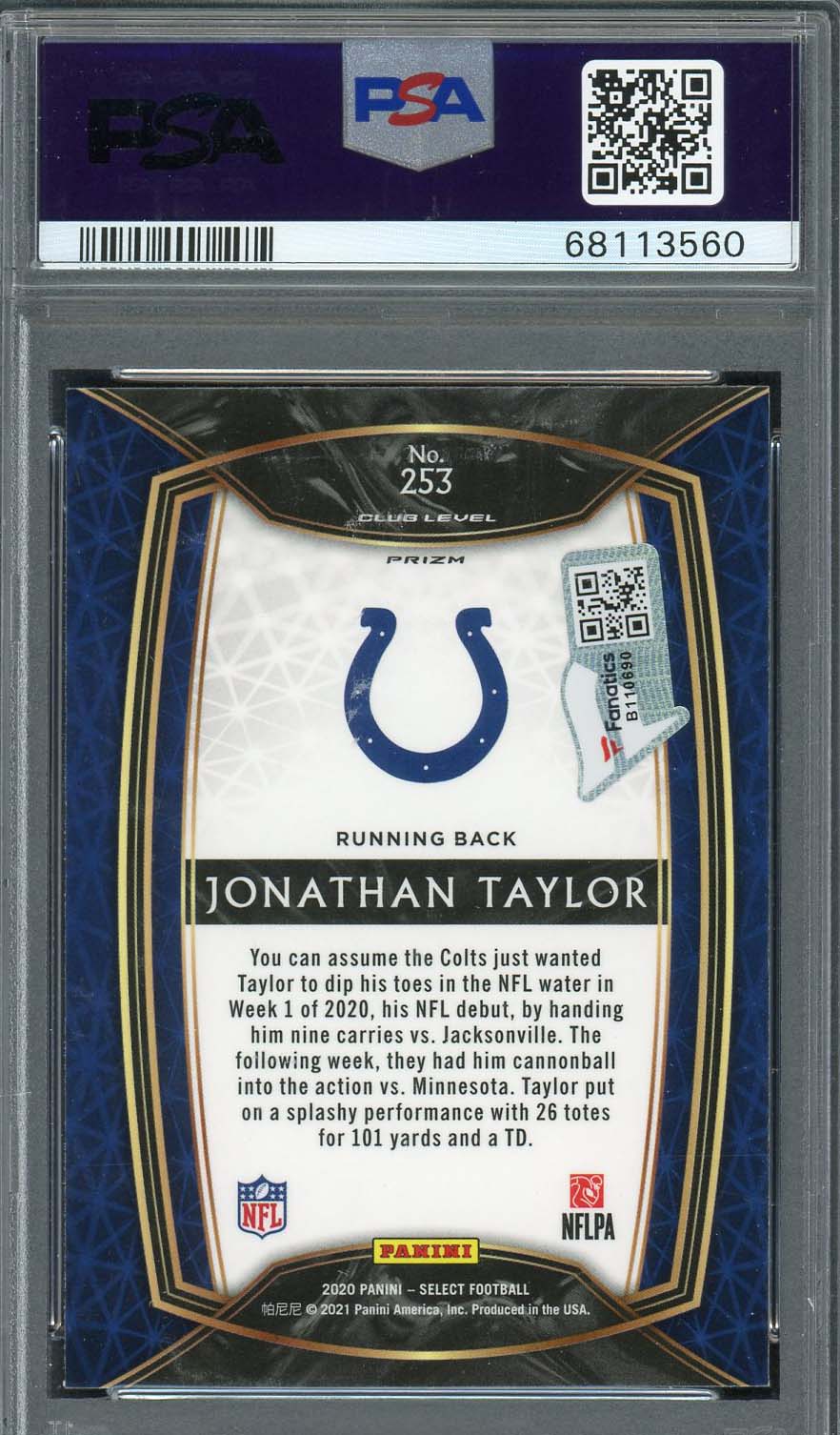 Jonathan Taylor 2020 Panini Select Silver Prizm Rookie Card #253 Auto PSA 9-Powers Sports Memorabilia