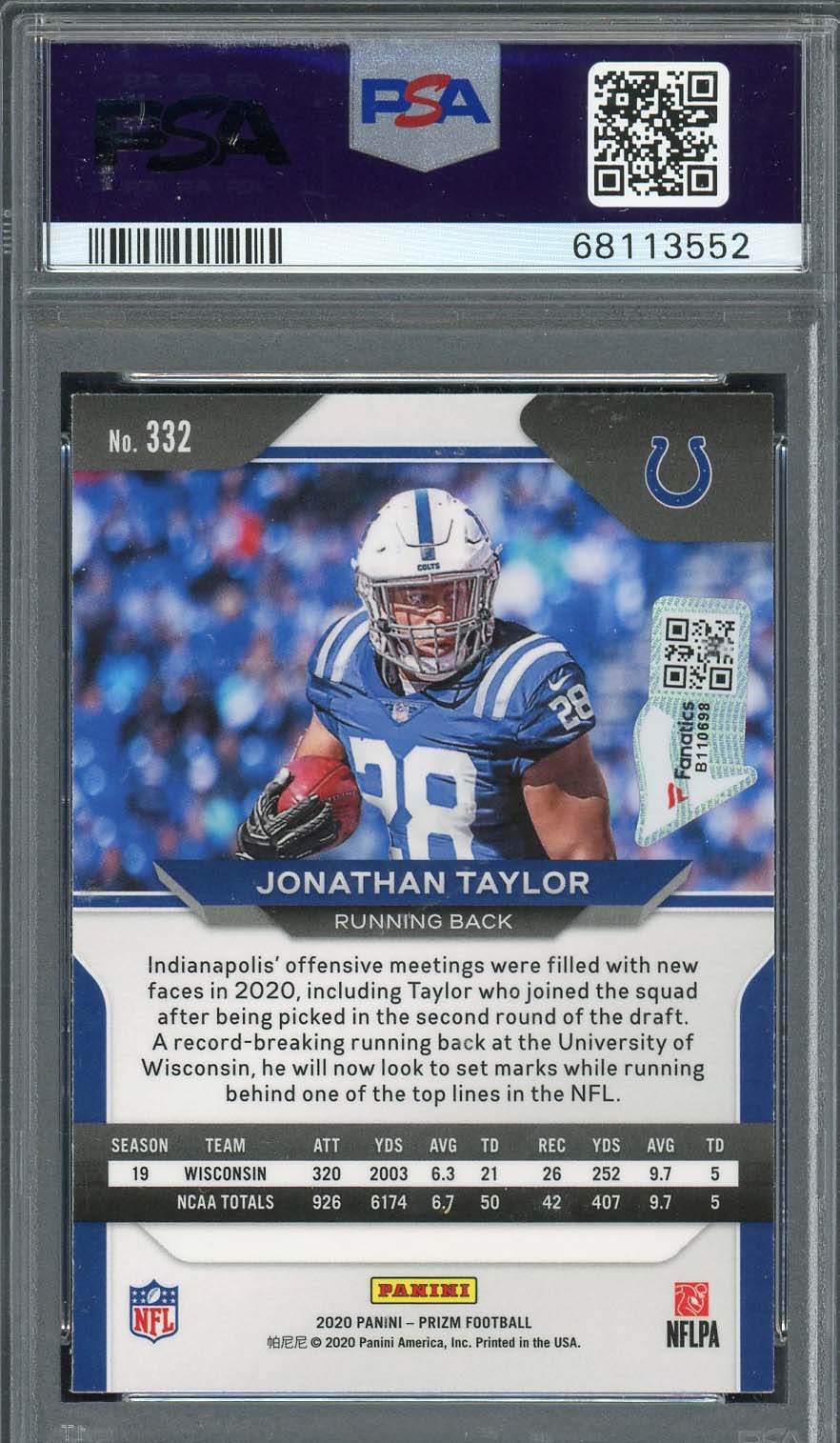 Jonathan Taylor 2020 Panini Prizm SP Signed Rookie Card #332 Auto PSA 10 A-Powers Sports Memorabilia