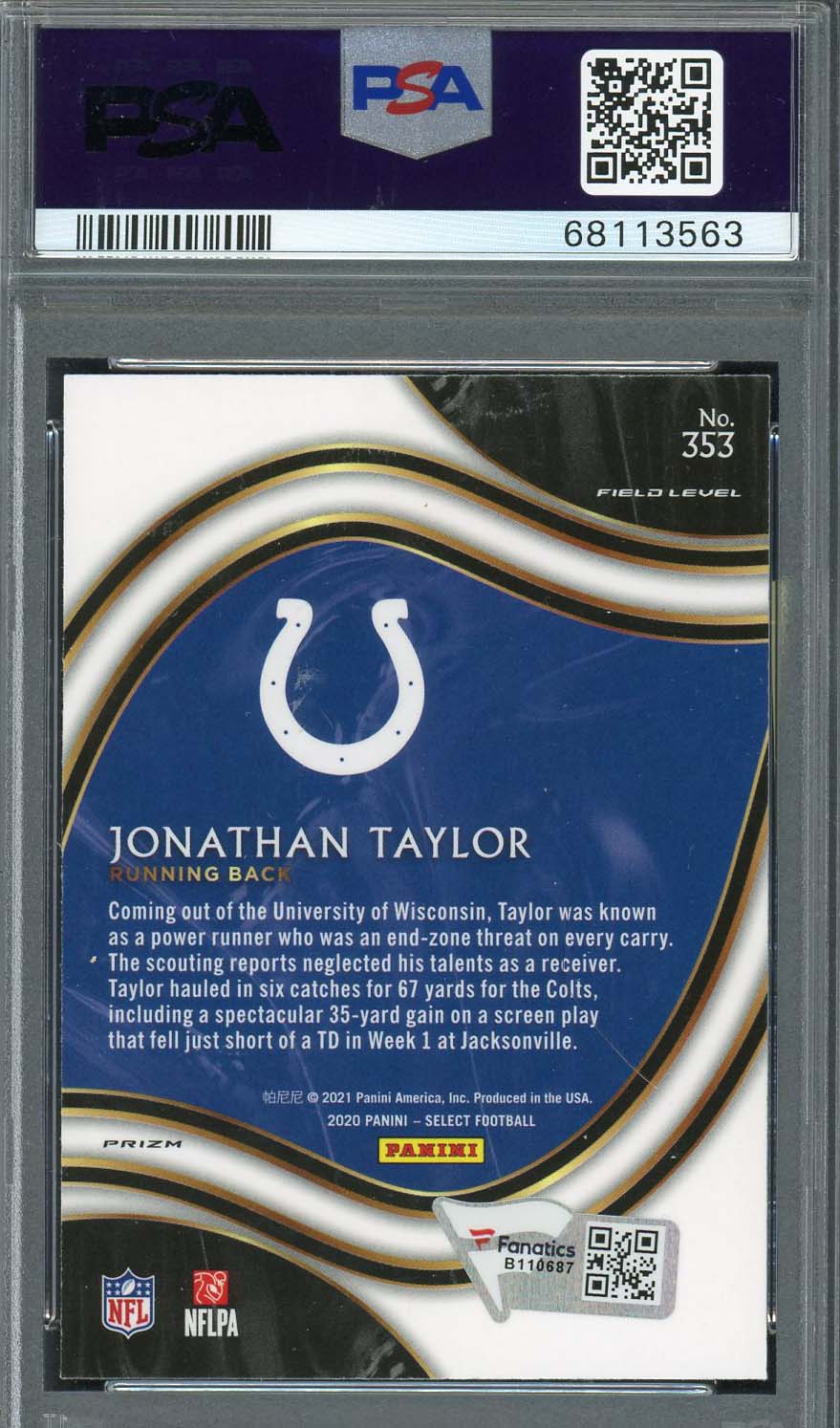 Jonathan Taylor 2020 Panini Select Silver Prizm Rookie Card #353 Auto PSA 9-Powers Sports Memorabilia