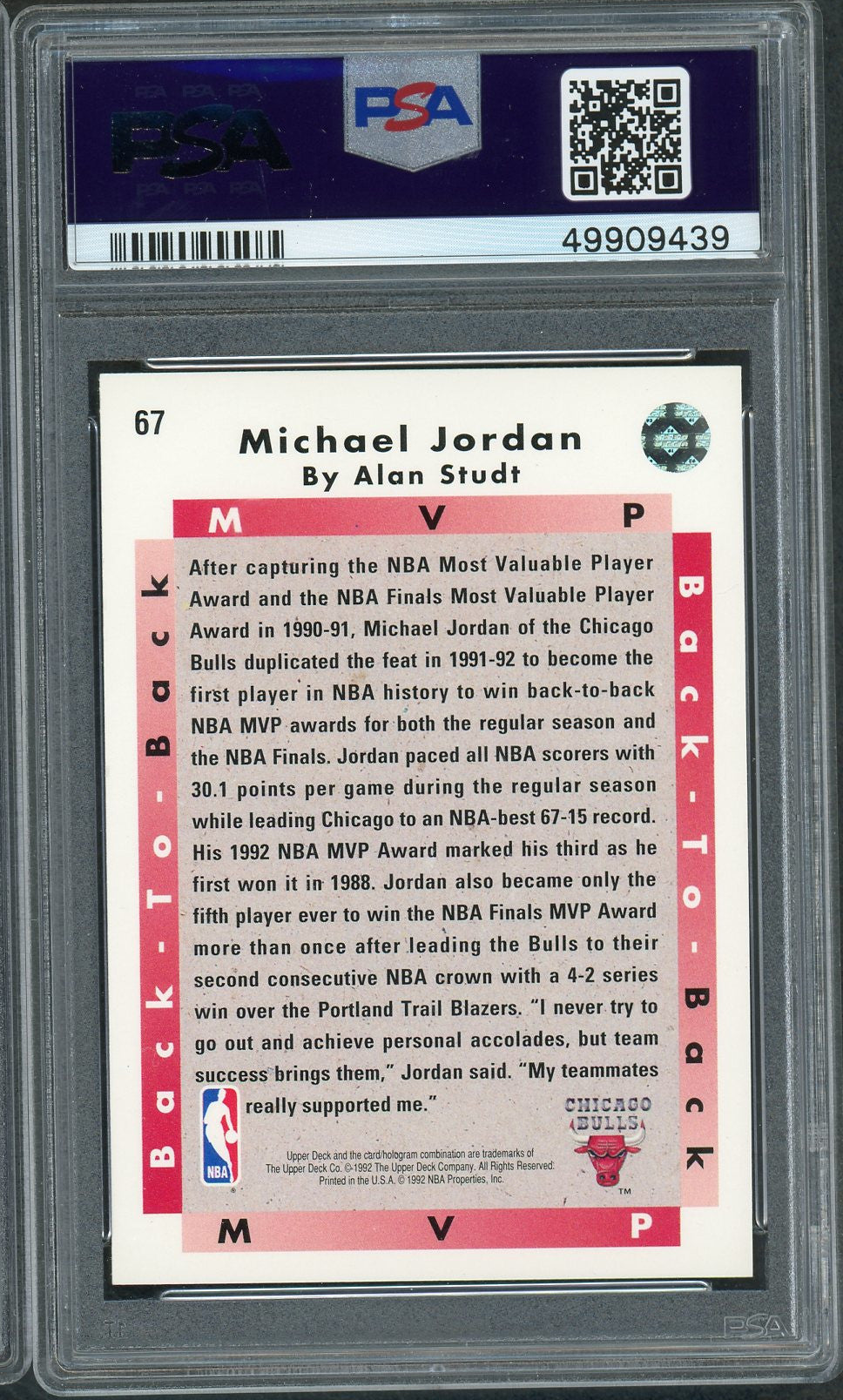 Michael Jordan 1992 Upper Deck MVP Basketball Card #67 Graded PSA 9 MINT-Powers Sports Memorabilia
