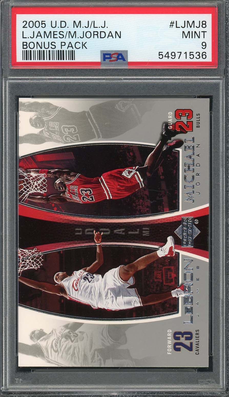 Michael Jordan Lebron James 2005 Upper Deck Basketball Card #LJMJ8 Graded PSA 9-Powers Sports Memorabilia