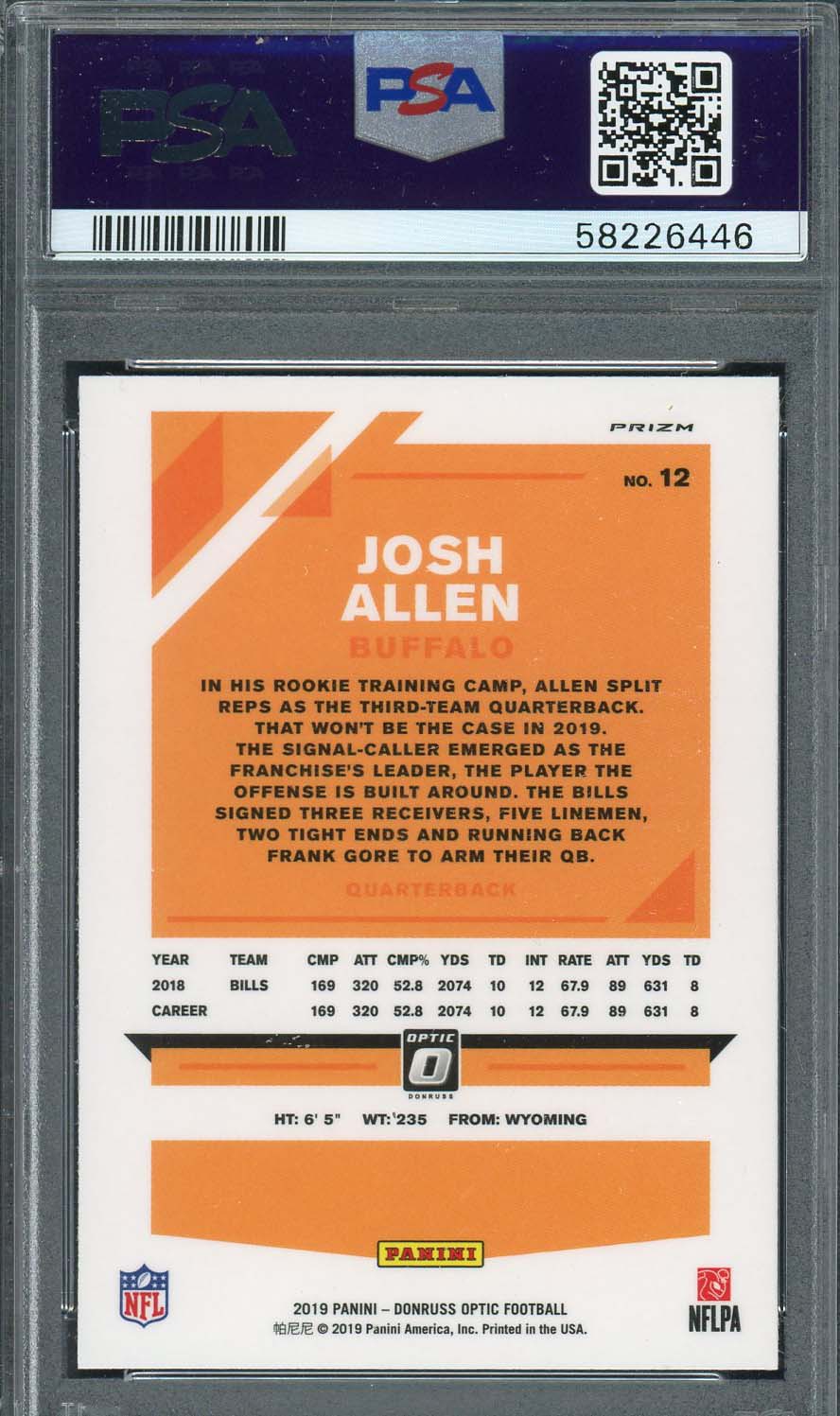 Josh Allen 2019 Panini Donruss Optic Holo Football Card #12 Graded PSA 10-Powers Sports Memorabilia