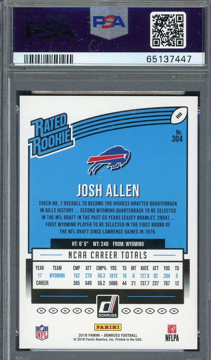 Josh Allen 2018 Panini Donruss Football Rookie Card #304 Graded PSA 9-Powers Sports Memorabilia