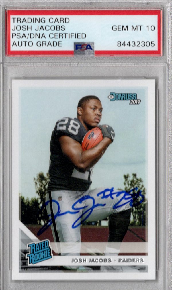 Josh Jacobs Signed Oakland Las Vegas Raiders 2019 Panini Donruss Rated Rookie Card #308 PSA AUTO GRADE GEM MT 10-Powers Sports Memorabilia