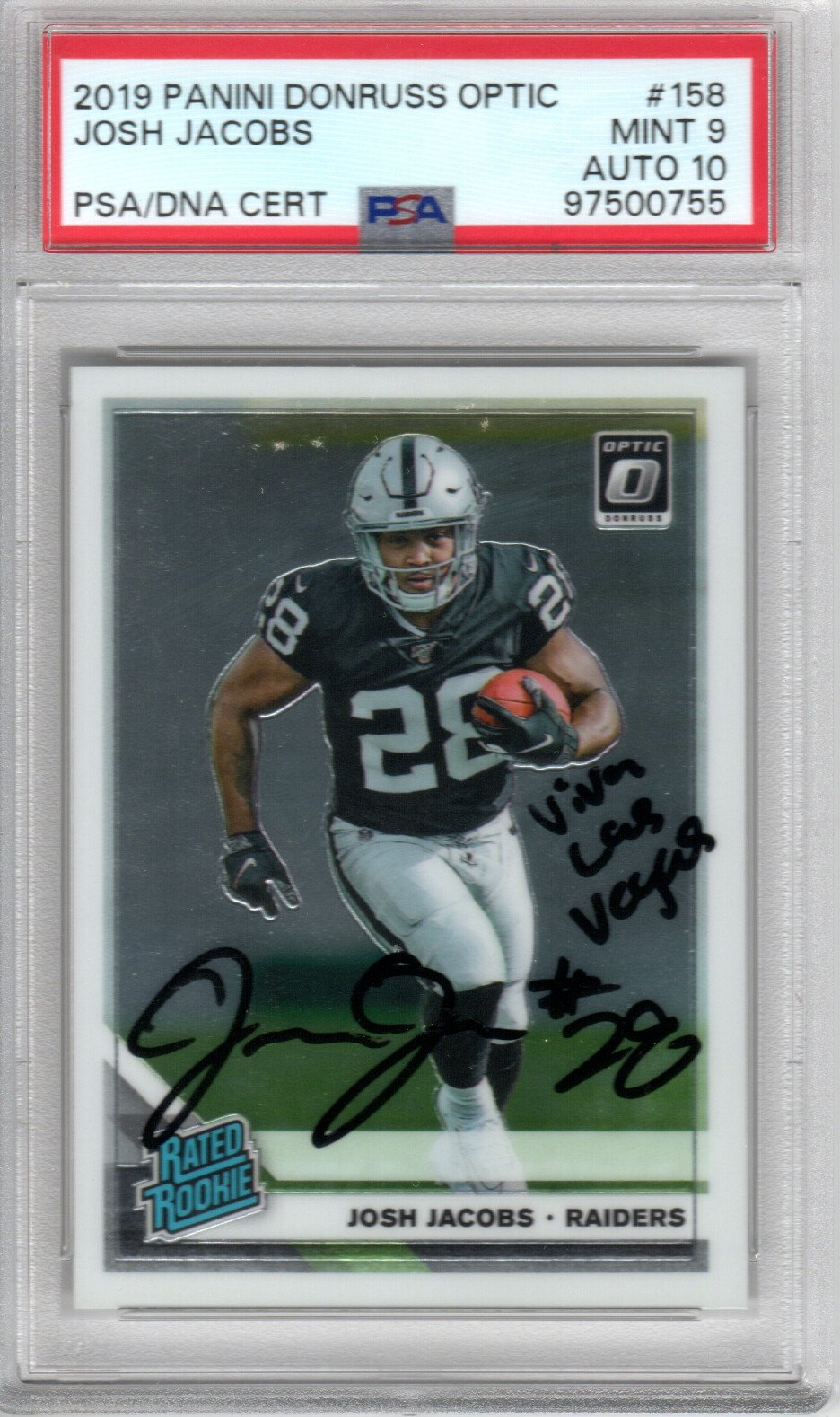 Josh Jacobs Signed Las Vegas Raiders 2019 Panini Donruss Optic Rookie Card #158 W/ Viva Las Vegas PSA Graded Encapsulated-Powers Sports Memorabilia
