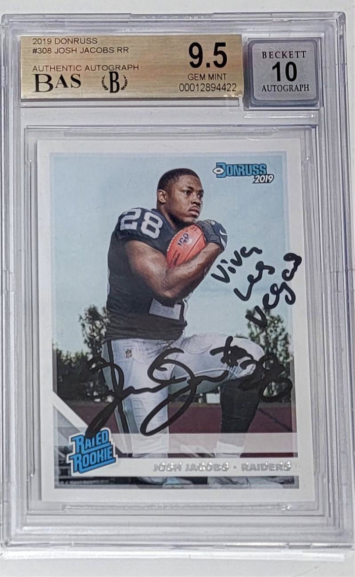 Josh Jacobs Signed Oakland Raiders Encapsulated 2019 Donruss Rated Rookie Card W/ Viva Las Vegas MINT 9.5 AUTO 10 - Beckett-Powers Sports Memorabilia