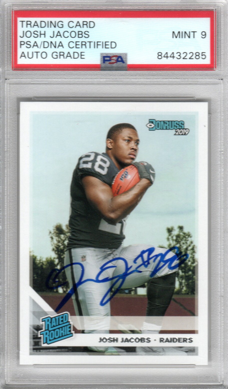 Josh Jacobs Signed 2019 Donruss #308 Raiders Rookie Card - PSA Auto Mint 9 | NFL Collectible-Powers Sports Memorabilia