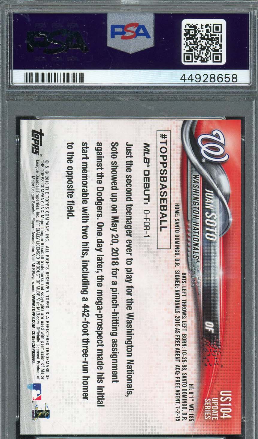 Juan Soto 2018 Topps Update Baseball Rookie Card RC #US104 Graded PSA 10-Powers Sports Memorabilia