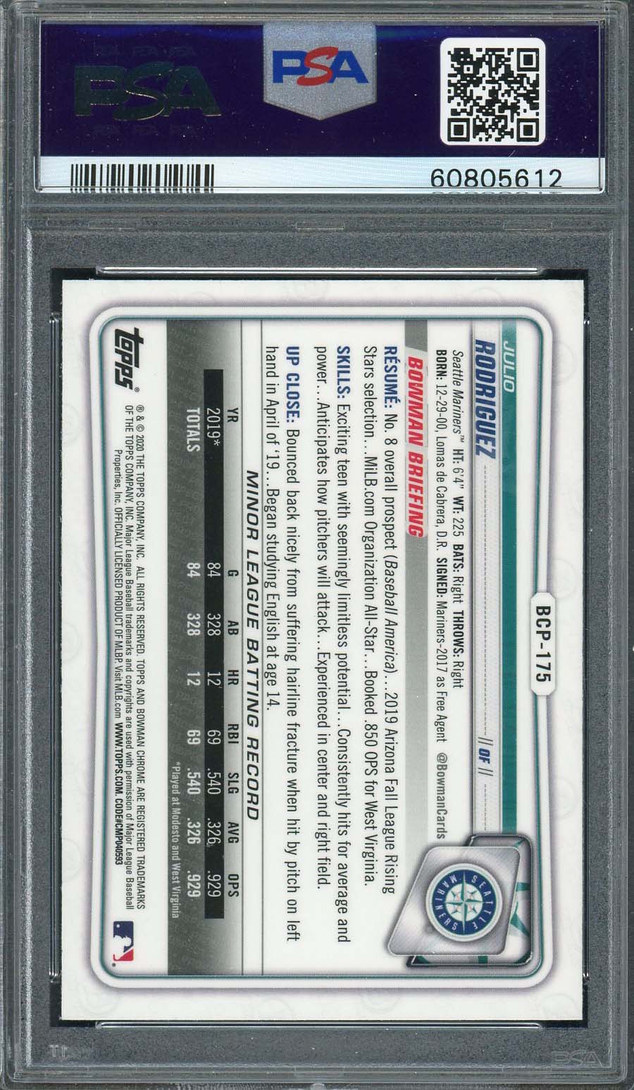 Julio Rodriguez 2020 Bowman Chrome Mega Box Rookie Card #BCP175 Graded PSA 10-Powers Sports Memorabilia