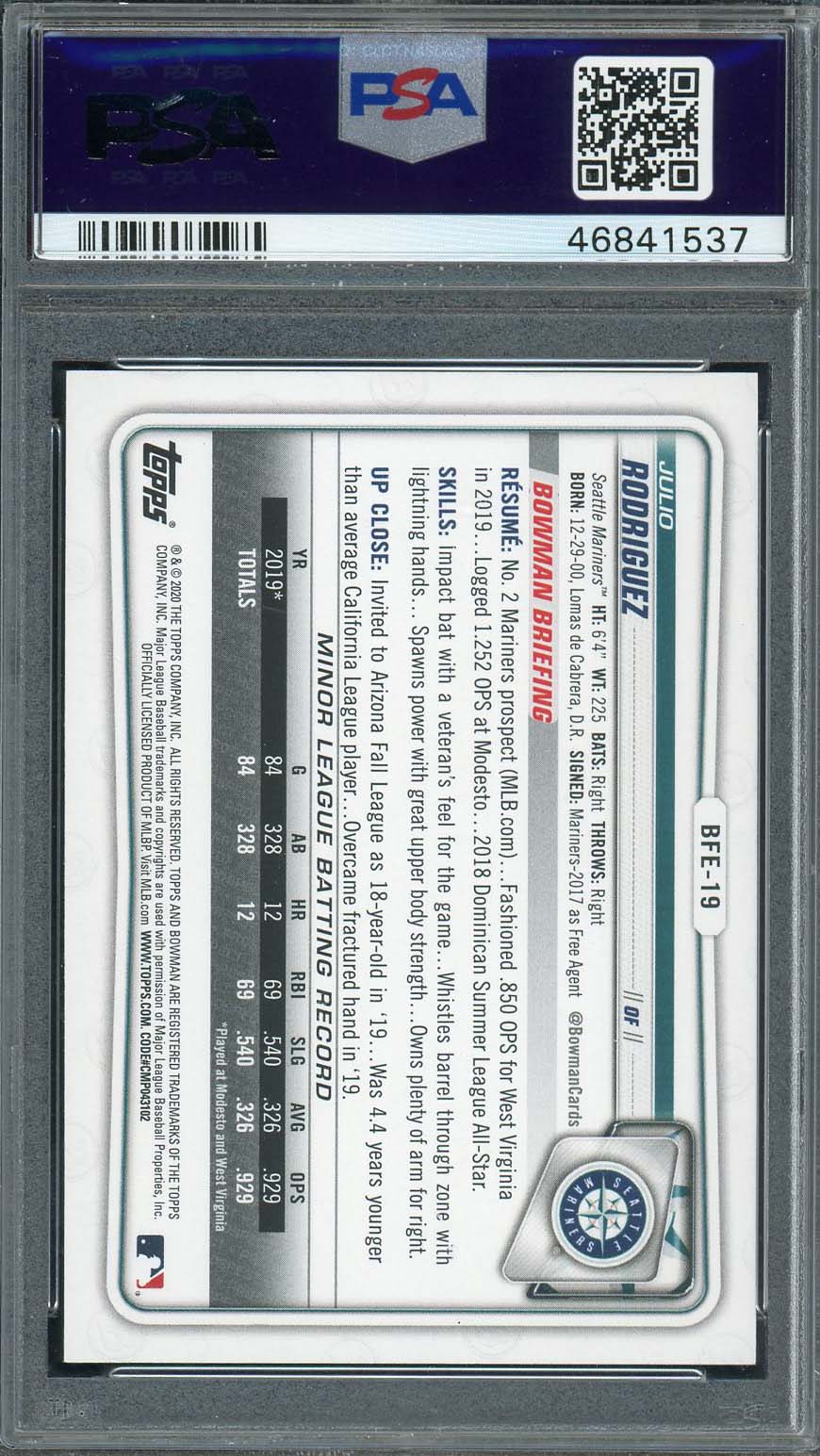 Julio Rodriguez 2020 Bowman 1st Edition Baseball Rookie Card BFE19 Graded PSA 10-Powers Sports Memorabilia