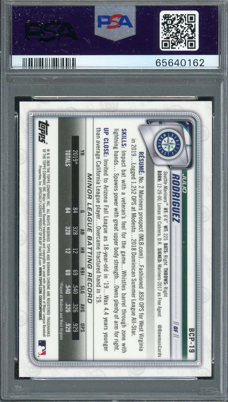 Julio Rodriguez 2020 Bowman Chrome Mega Box Baseball Rookie Card #BCP19 PSA 10-Powers Sports Memorabilia
