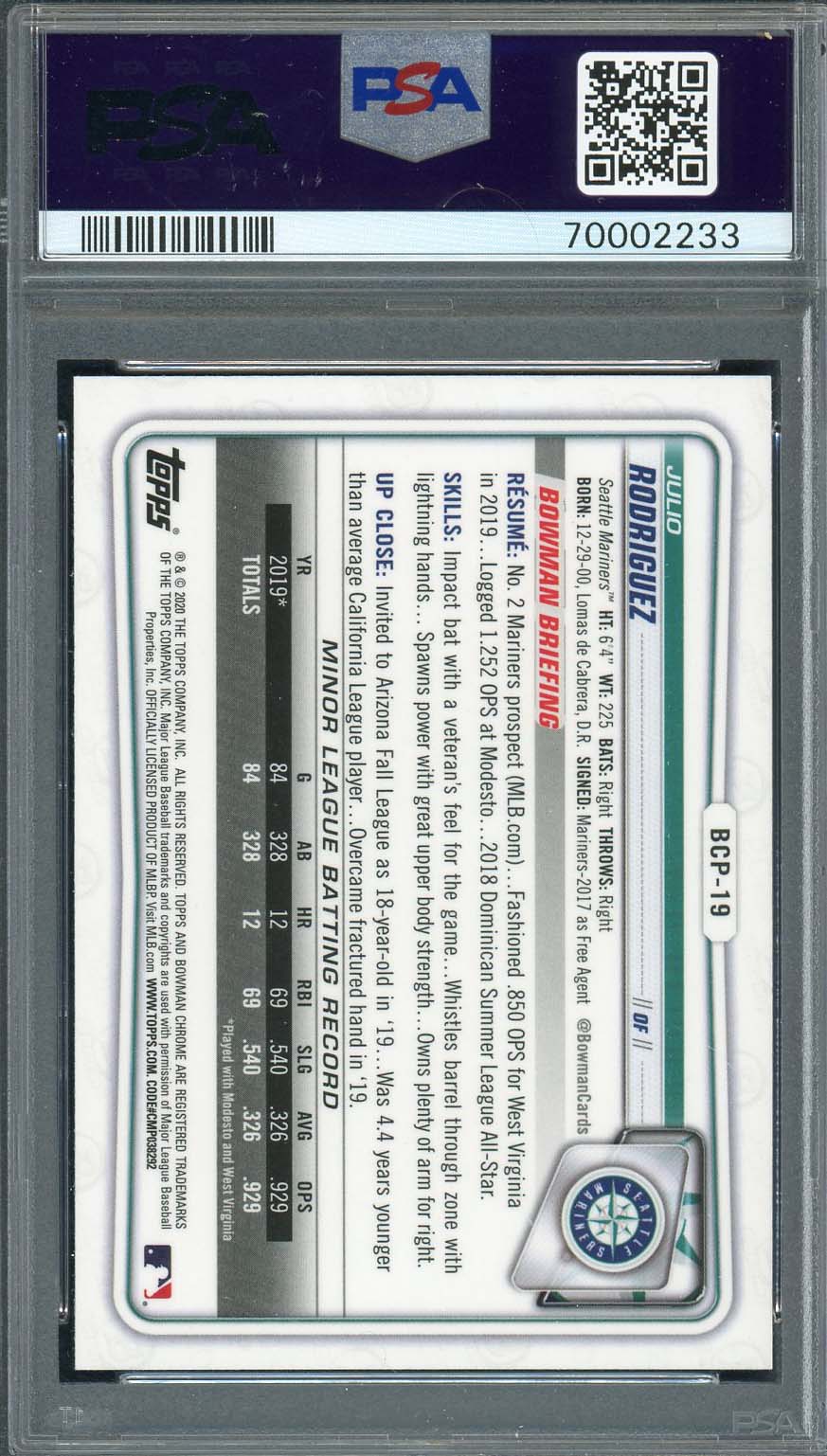 Julio Rodriguez 2020 Bowman Chrome Prospects Rookie Card #BCP19 PSA 9-Powers Sports Memorabilia