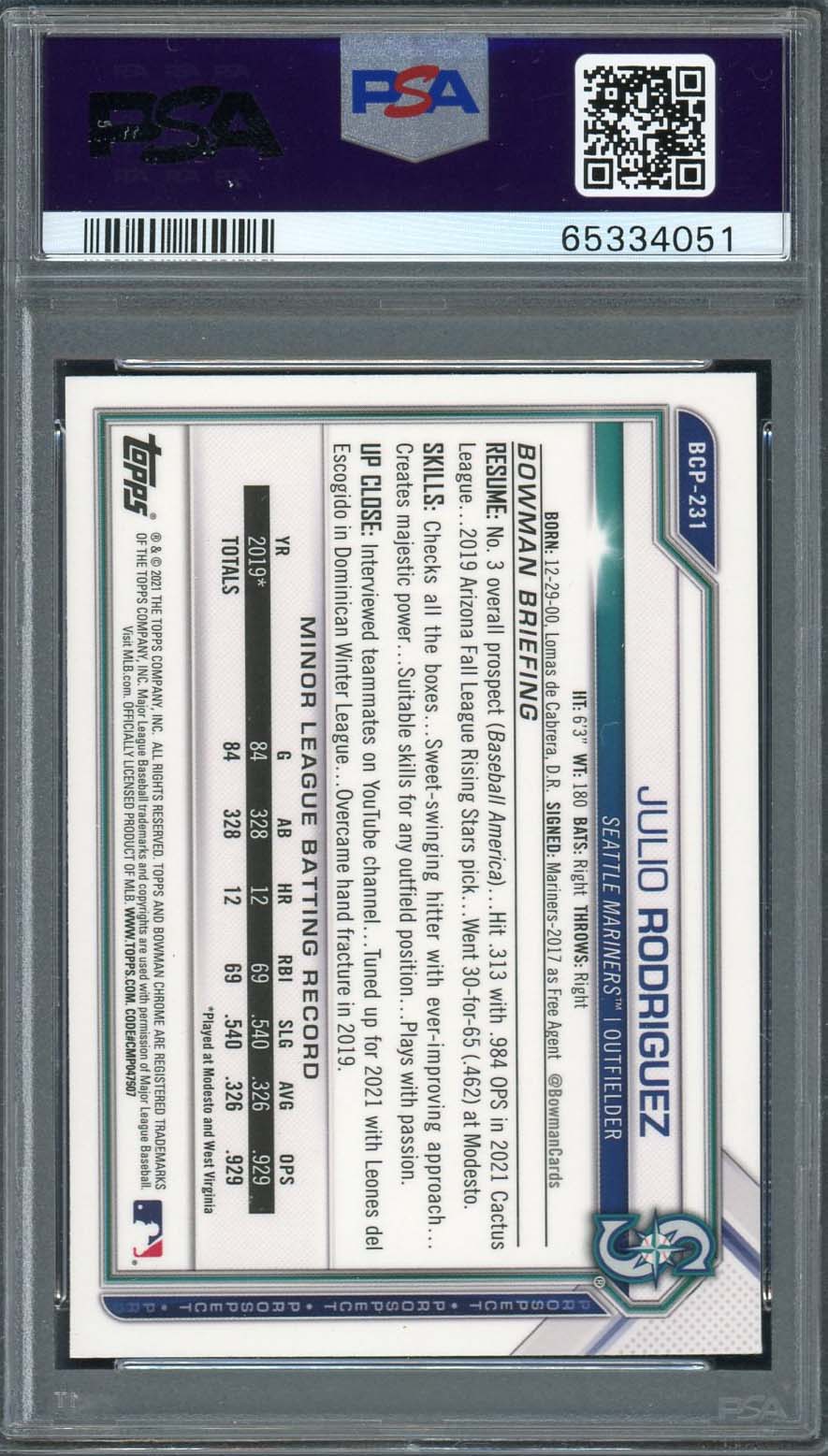 Julio Rodriguez 2021 Bowman Chrome Baseball Rookie Card RC #BCP231 Graded PSA 10-Powers Sports Memorabilia