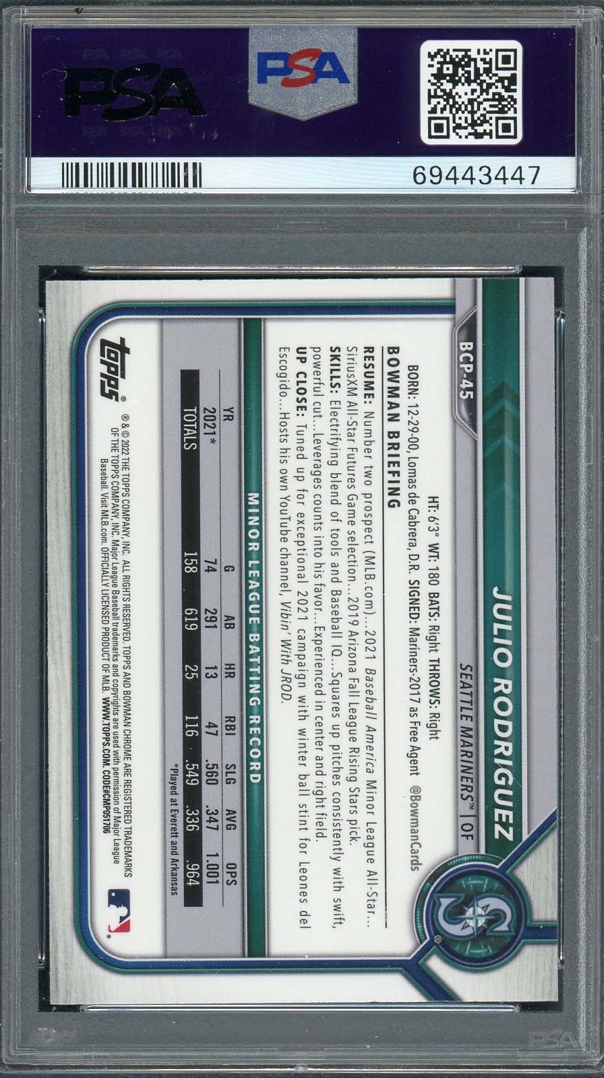 Julio Rodriguez 2022 Bowman Chrome Prospects Rookie Card #BCP45 Graded PSA 10-Powers Sports Memorabilia